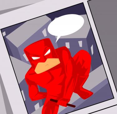 Vignetta che ritrae un supereroe con calzamaglia rossa