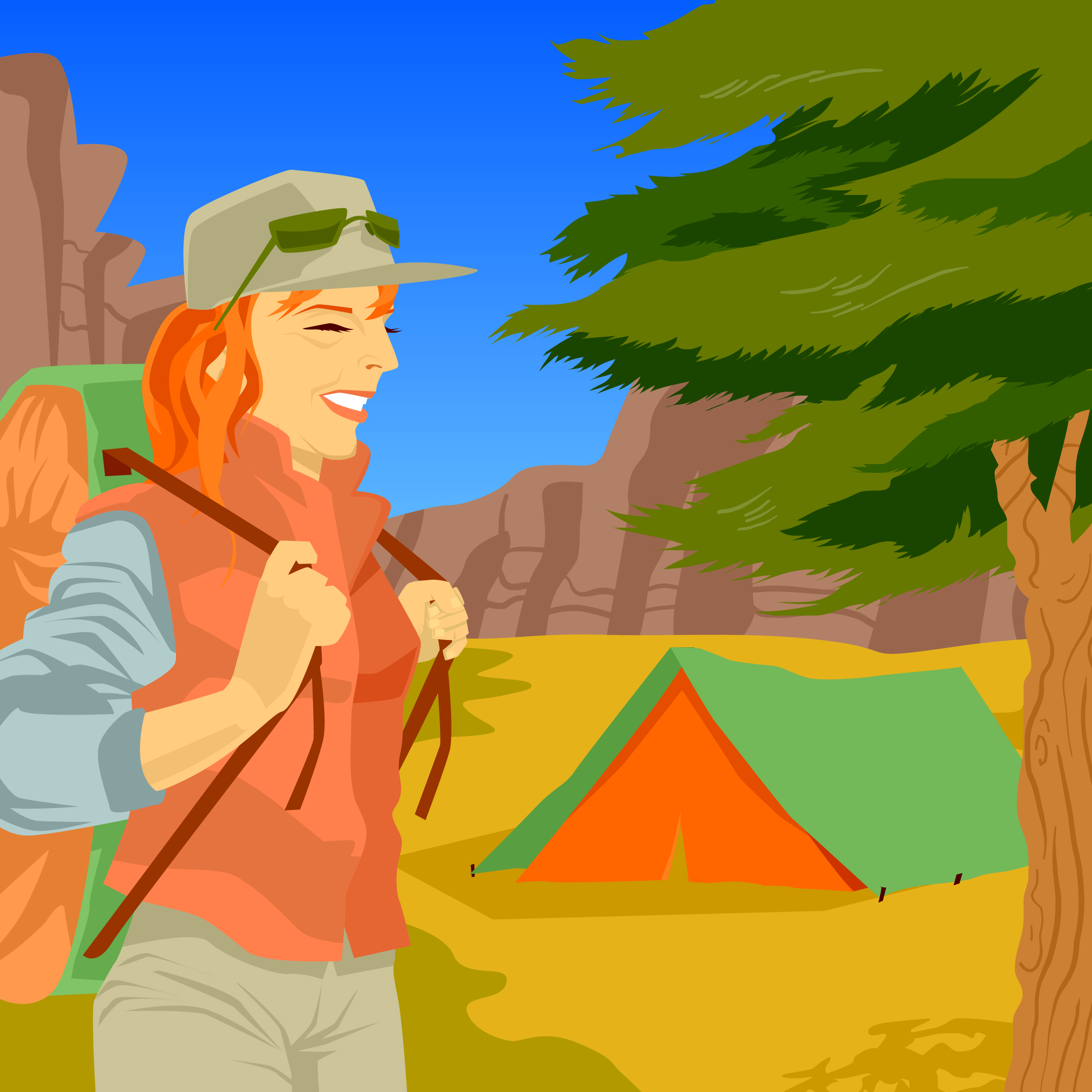 Donna con zaino e tenda da campeggio