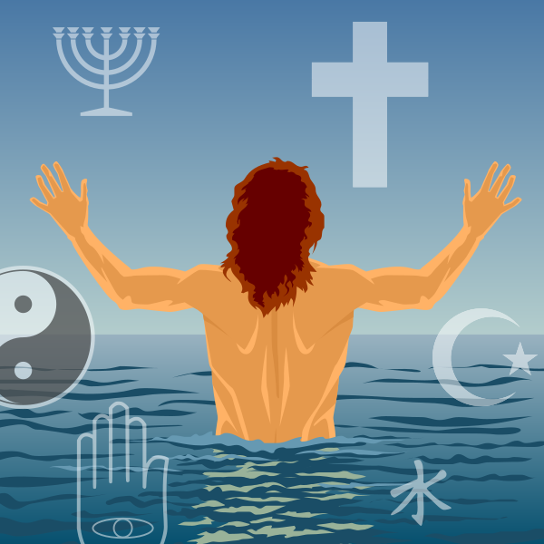 Uomo che emerge dal mare e simboli religiosi
