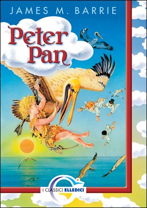 Peter Pan che vola attaccato all'ala di una cicogna