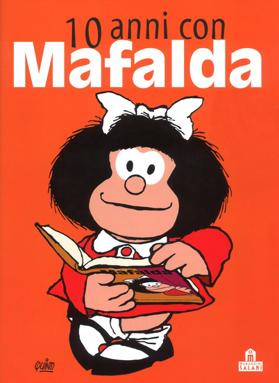 una ragazzina con capelli neri e fiocco bianco che legge un libro, sfondo arancione