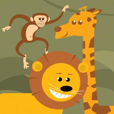 Scimmia, leone e giraffa