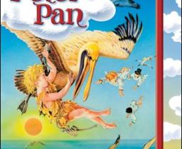 Peter Pan che vola attaccato all'ala di una cicogna