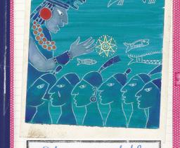 disegno di uomo con strano copricapo e gioielli che parla ad altri uomini, fondo blu e pesci